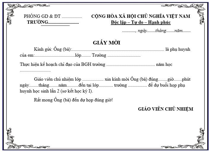 Giấy mời Họp cha mẹ học sinh lần 2 sơ kết học kỳ 1 - mẫu 1