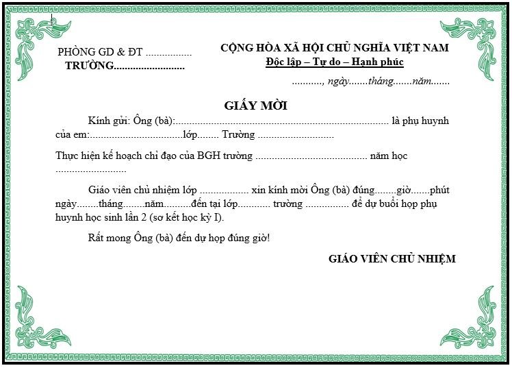 Giấy mời Họp cha mẹ học sinh lần 2 sơ kết học kỳ 1 - mẫu 2