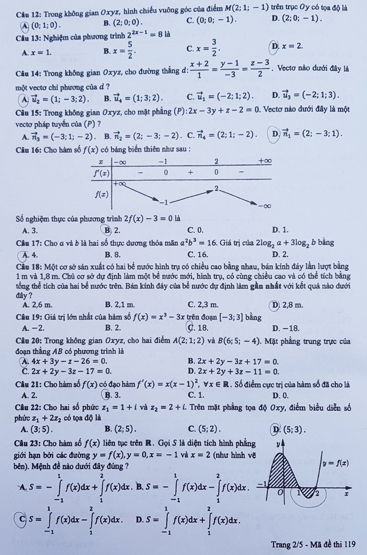 Đáp án đề thi môn Toán THPT quốc gia 2019