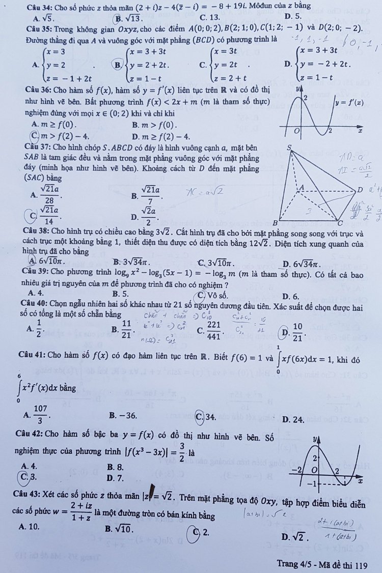 Đáp án đề thi môn Toán THPT quốc gia 2019